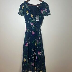 NWT DKNY Floral High-Low Midi Dress Women 10 Navy Blue Chiffon Faux Wrap